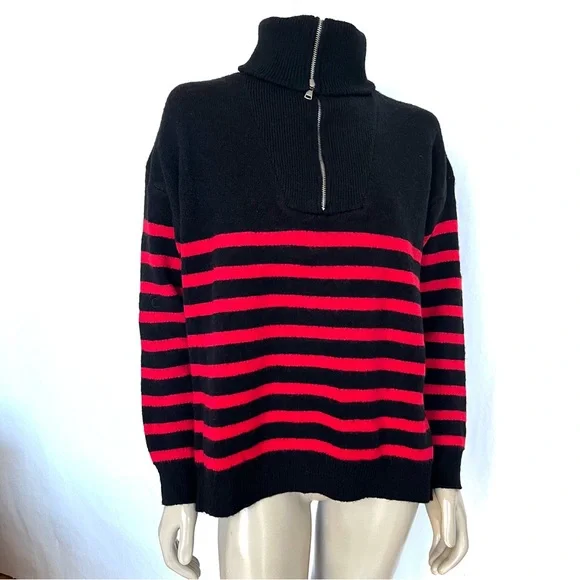 Women’s  Loose High Neck Striped Drop Shoulder Knit Turtleneck Sweater - Picture 2 of 12